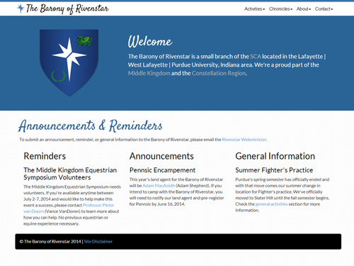 Screenshot of the barony of Rivenstar's website home page.